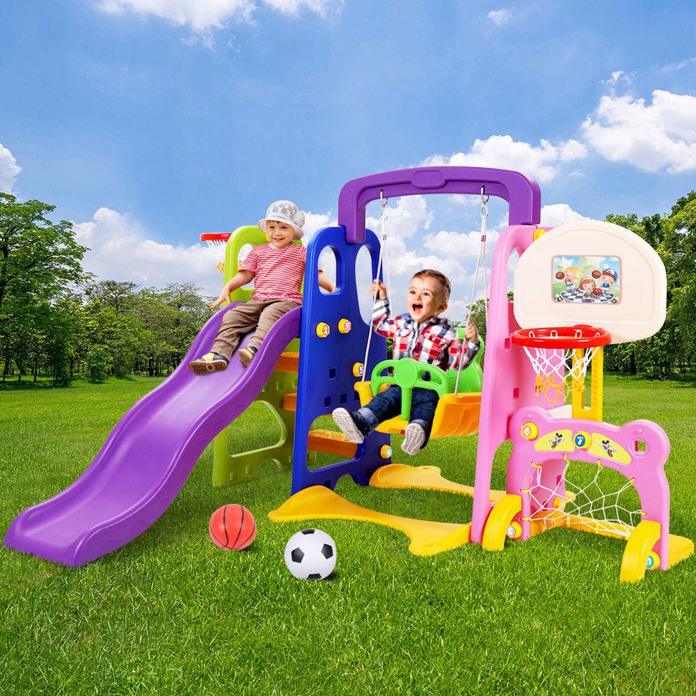 Keezi Kids 7-in-1 slide swing with basketball hoop, designed for indoor and outdoor play. Keezi Kids 7-in-1 slide swing with basketball hoop, designed for indoor and outdoor play.