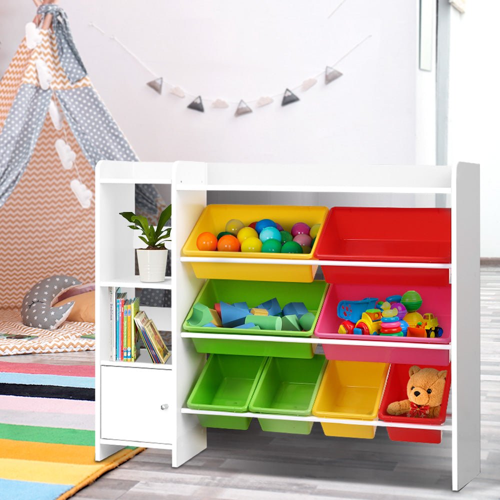 Keezi Kids 8 Bin Toy Storage Shelf | Colorful, sturdy shelving for organizing childrens toys.