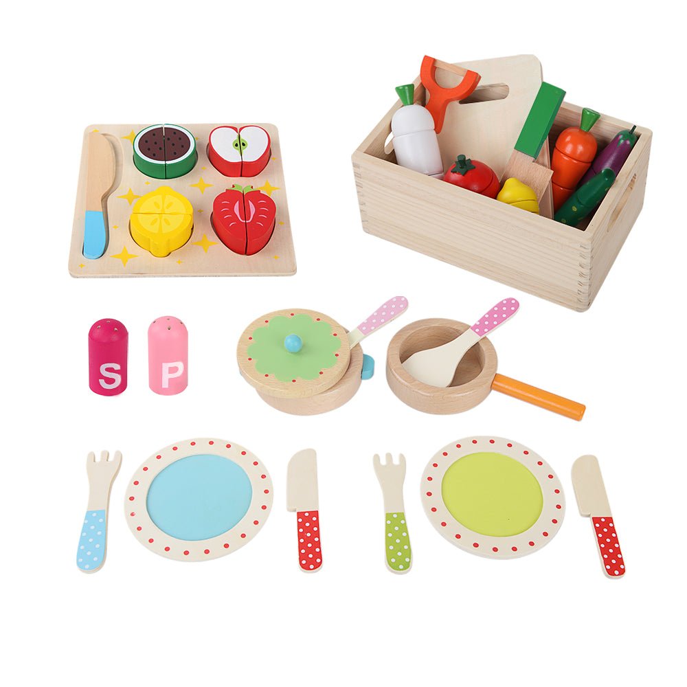 Keezi Wooden Kitchen Playset 29-Piece Pretend Play Food Set