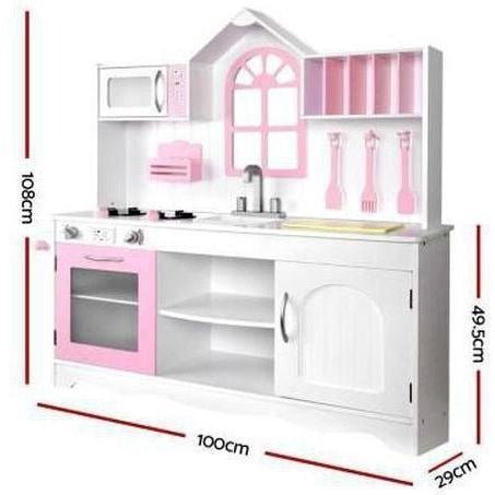 White and pink wooden princess kitchen play set for imaginative kids cooking fun.
