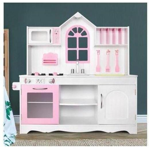 Keezi Kids Princess Kitchen Play Set Wooden White and Pink for imaginative play at home Keezi Kids Princess Kitchen Play Set Wooden White and Pink for imaginative play at home