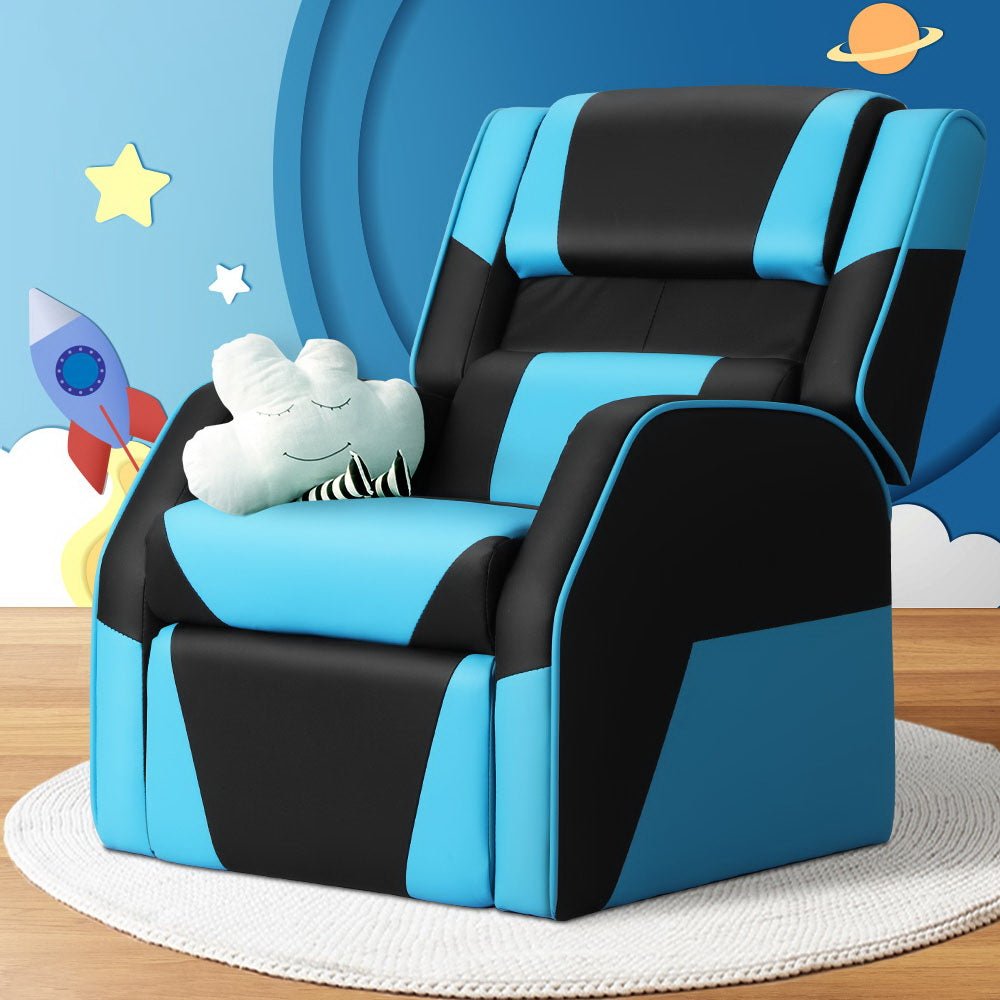 Keezi Kids Recliner Chair in Black Blue - Comfy, fun seating for childrens relaxation. Keezi Kids Recliner Chair in Black Blue - Comfy, fun seating for childrens relaxation.