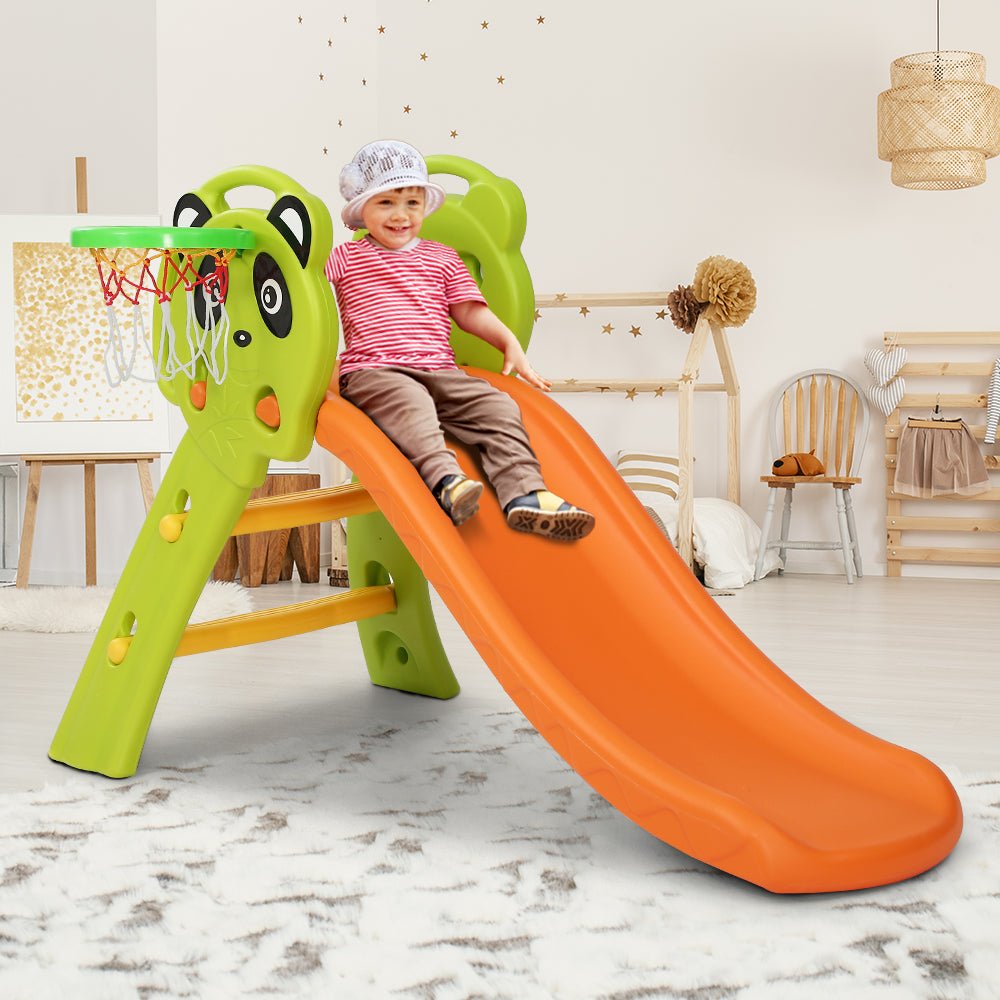 Keezi Kids Slide Toy with Basketball Hoop Orange, perfect for home playtime fun. Keezi Kids Slide Toy with Basketball Hoop Orange, perfect for home playtime fun.