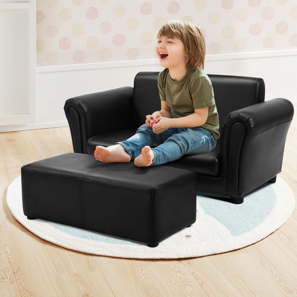 2-Seat Children's Sofa Set: Wooden Frame, Footstool, and Cozy Seating