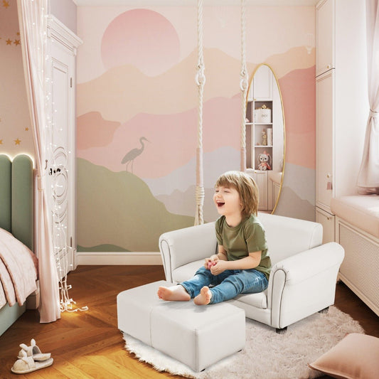 Kids Sofa Set: 2-Seat, Footstool, and Solid Wooden Frame for Boys and Girls