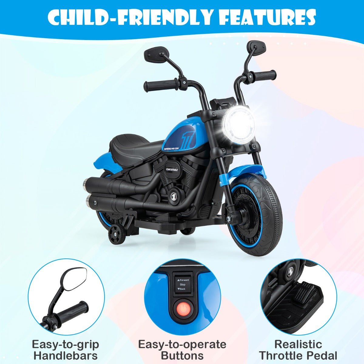 Safety First: Blue Motorcycle with Training Wheels