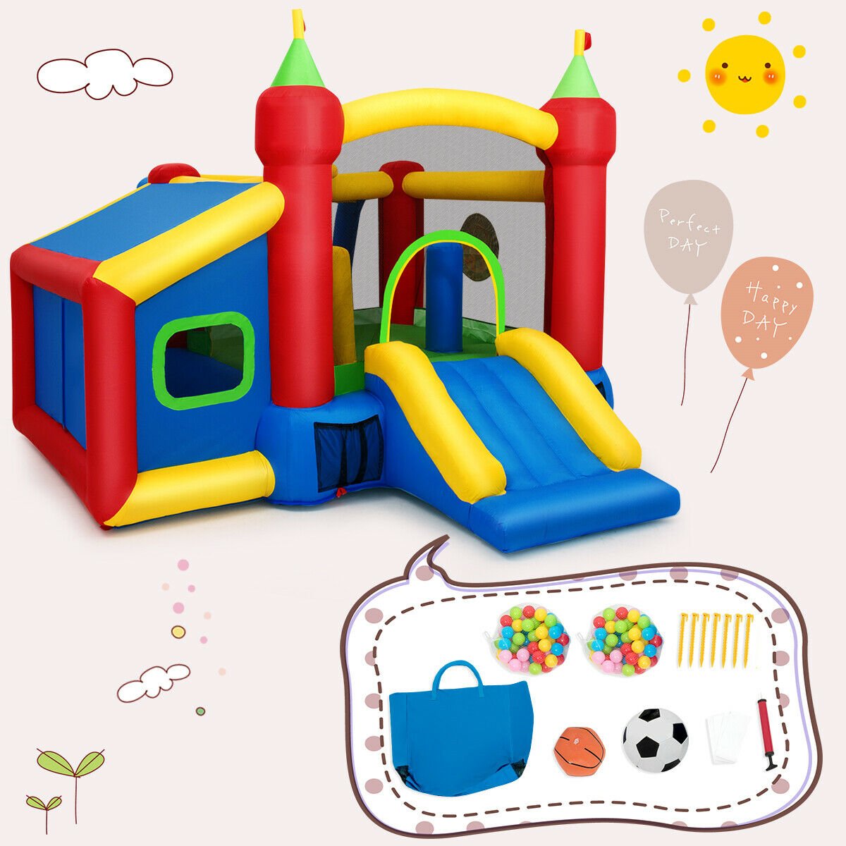 7-in-1 Kids Play Palace - Inflatable Bounce House with Ocean Balls