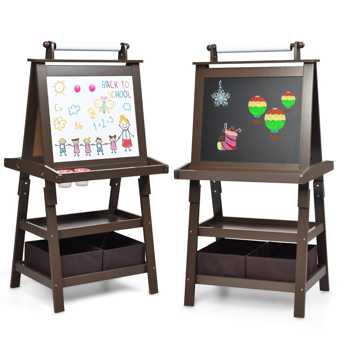 Double-sided kids art easel with chalkboard and whiteboard for creative play and learning. Double-sided kids art easel with chalkboard and whiteboard for creative play and learning.