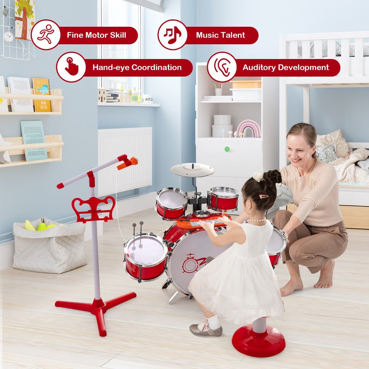 Kid's Drum Keyboard Set - Red Edition with Stool & Mic Stand