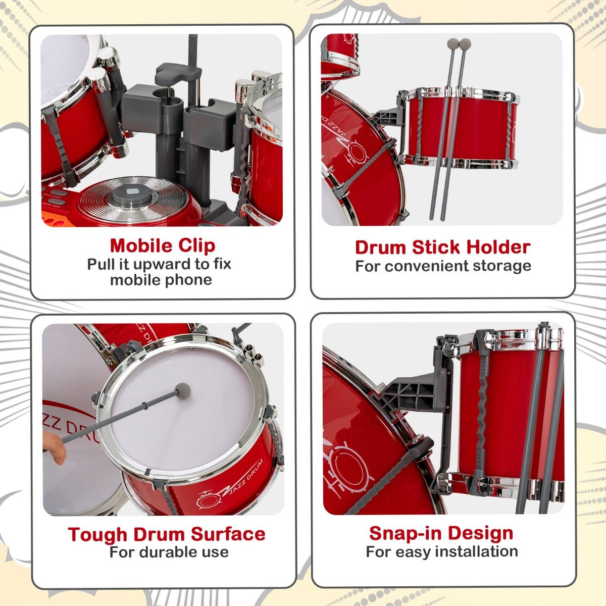 Musical Playtime - Kids Drum Keyboard Set with Stool & Mic Stand - Red