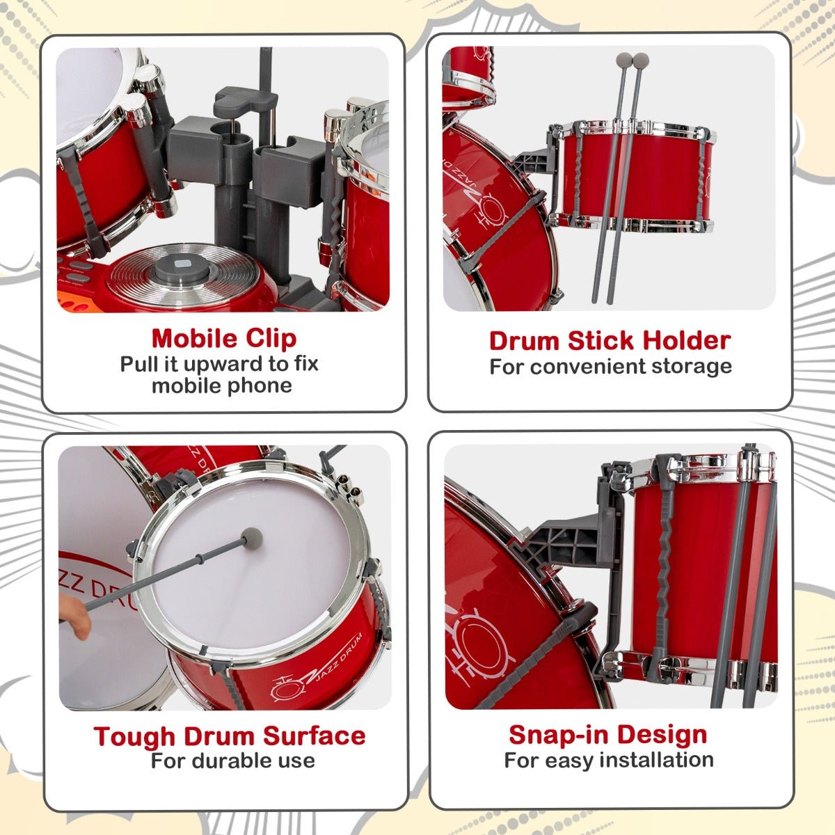 Musical Playtime - Kids Drum Keyboard Set with Stool & Mic Stand - Red Musical Playtime - Kids Drum Keyboard Set with Stool & Mic Stand - Red