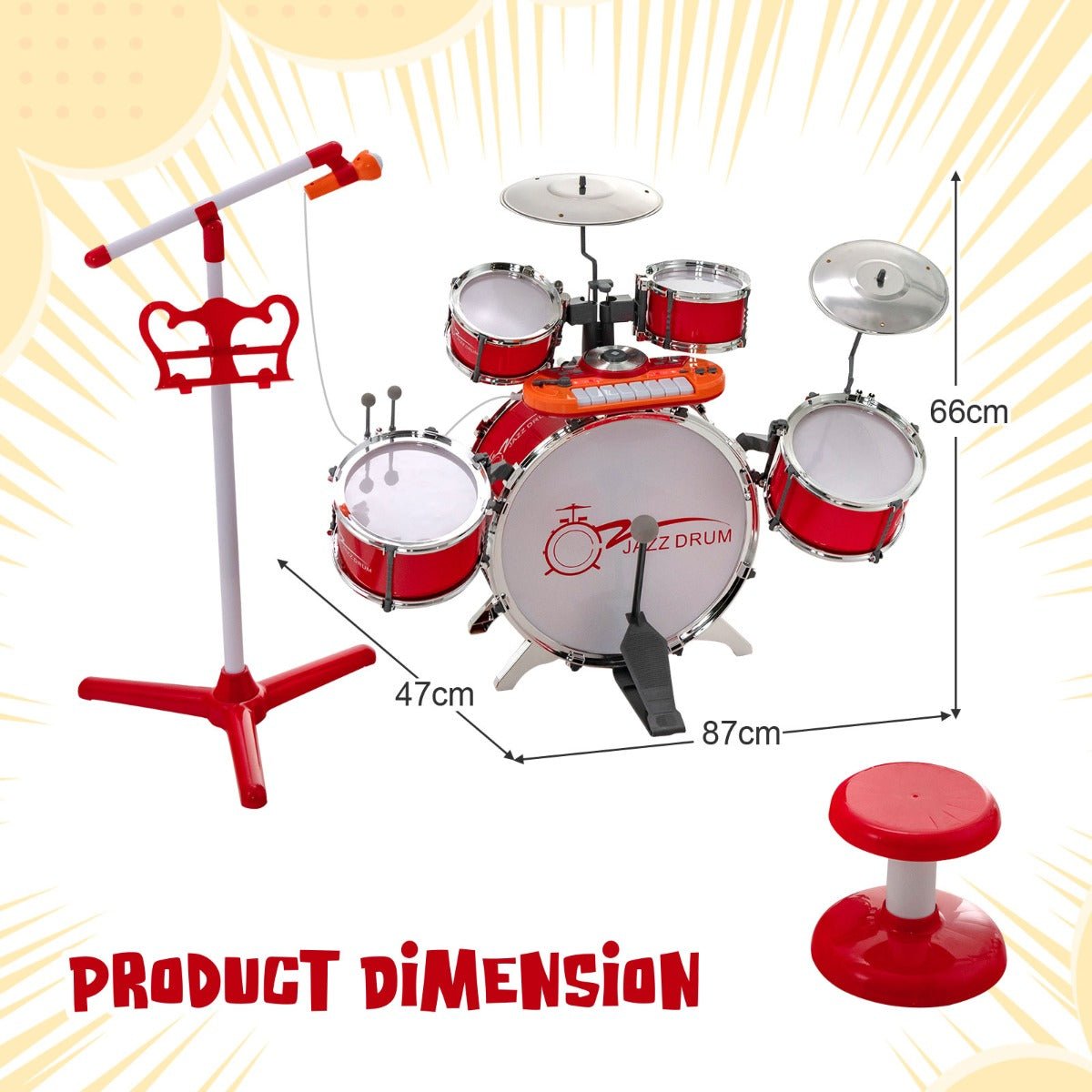 Engaging Kids Drum Keyboard Set - Stool & Microphone Stand - Bright Red