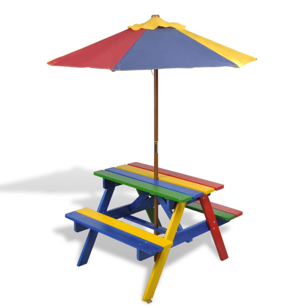 vidaXL Kids' Picnic Table with Benches and Parasol Multicolour Wood