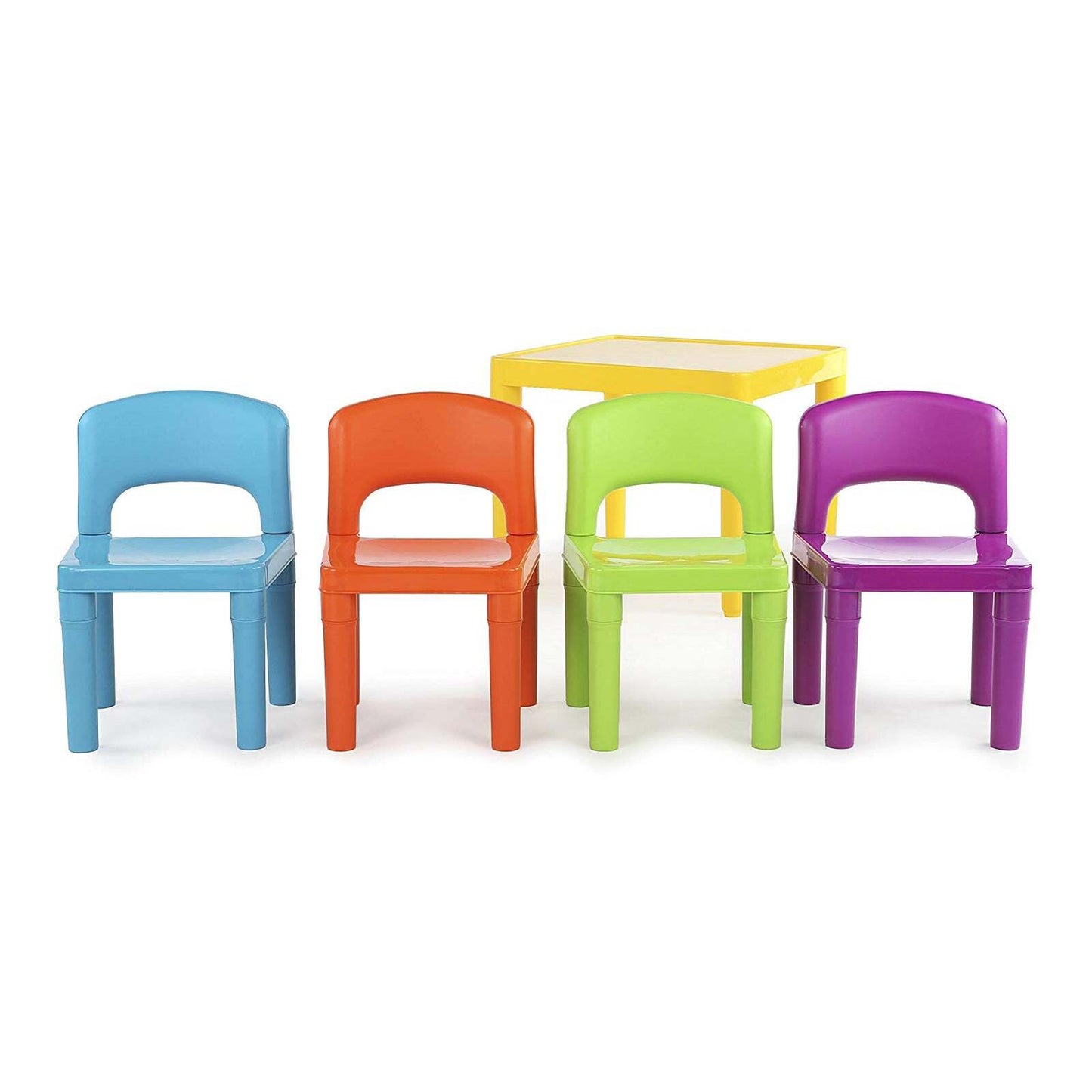 Colorful kids plastic table set with 4 chairs for playtime and activities at home. Colorful kids plastic table set with 4 chairs for playtime and activities at home.