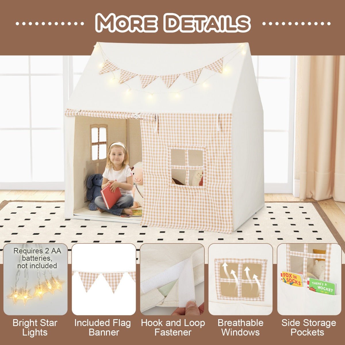 Kids play tent with lights and mat for cozy indoor playhouse fun and imagination.
