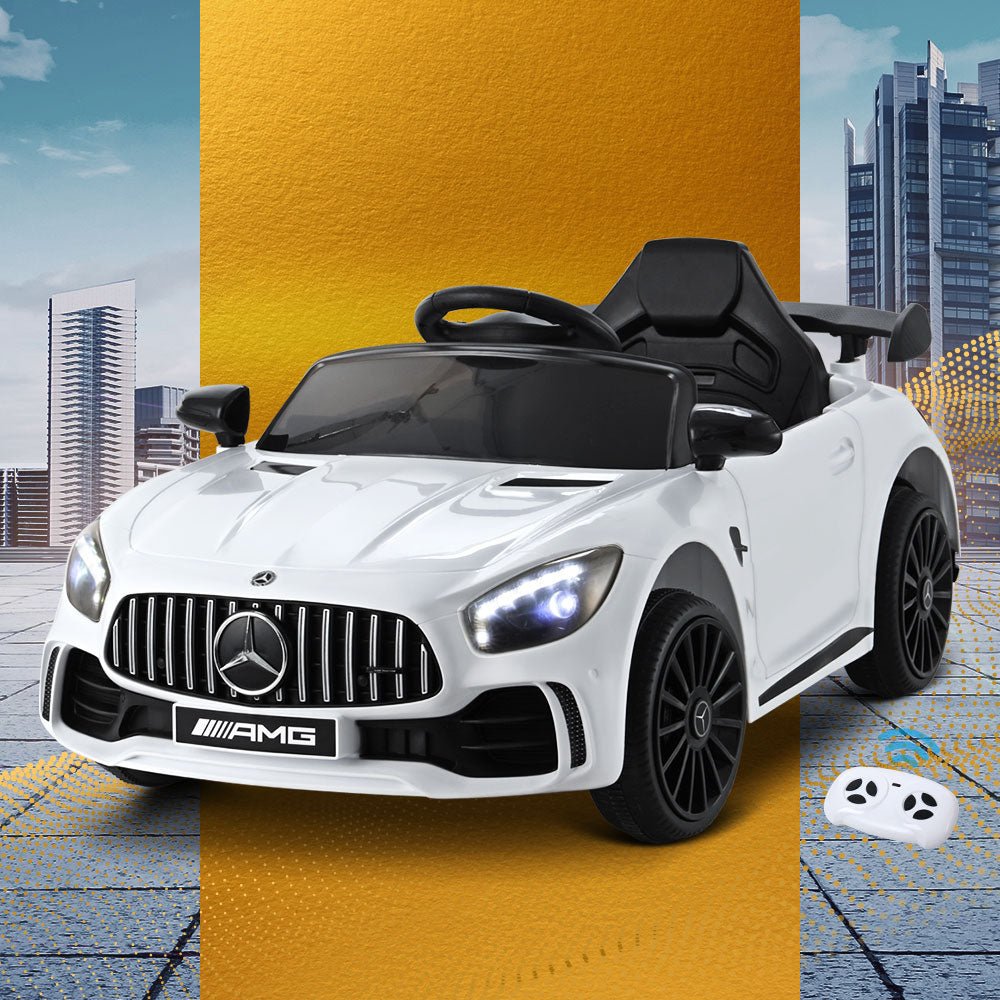 Mercedes-Benz AMG GT kids electric car in white, 12V toy car for home play.
