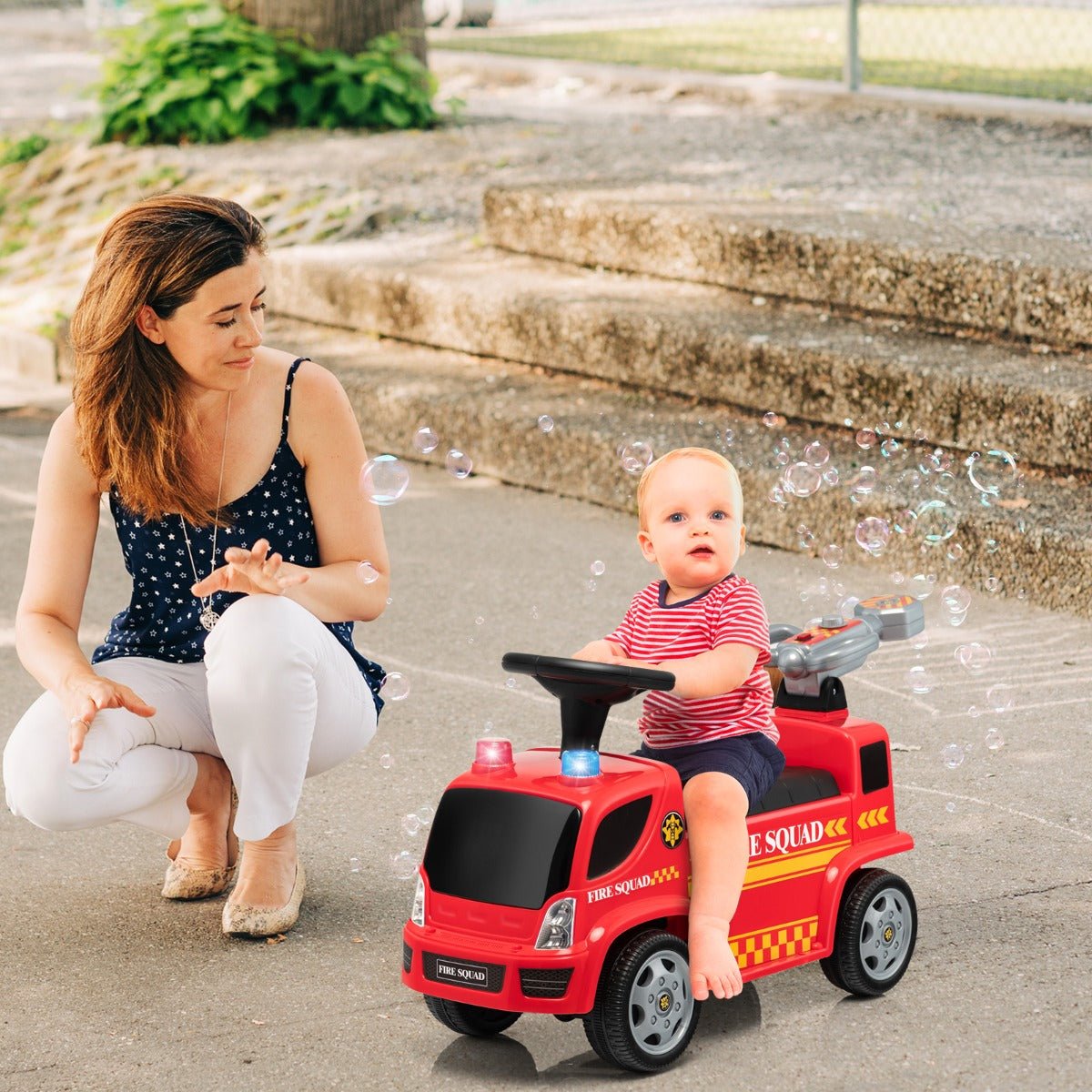 Engaging Play: Kids Ride On Fire Engine with Bubble Function
