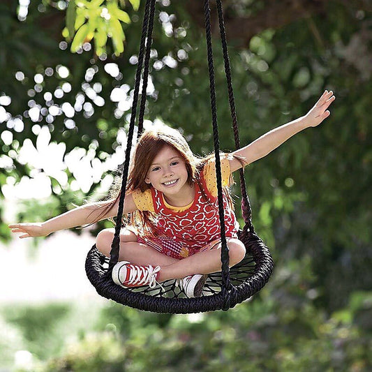 Kids round outdoor rope swing, crows nest design, 65cm seat - fun backyard play.