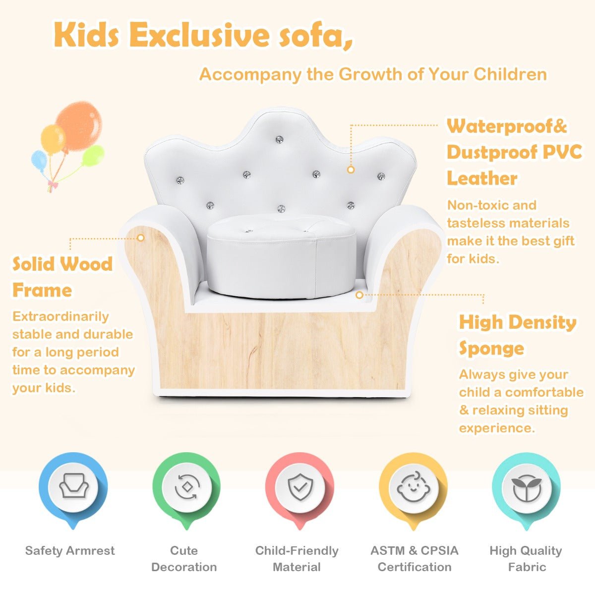 Crown Backrest Kids Sofa with Ottoman: Luxurious Seating for Toddlers