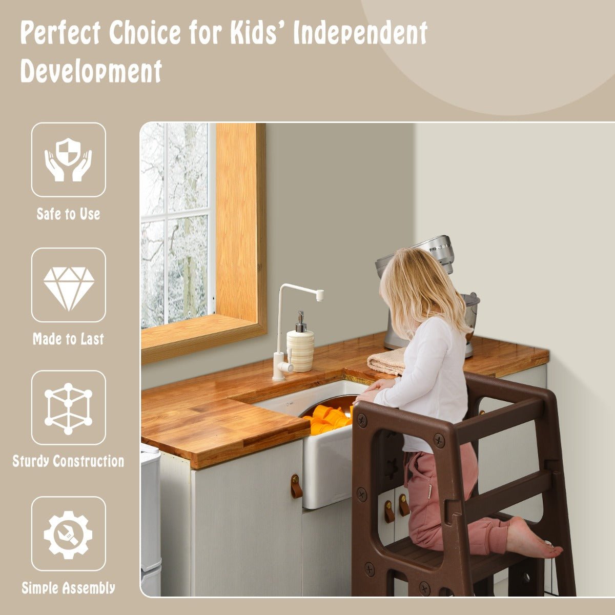 Coffee-coloured Step Stool for Kids - Double Safety Rails and Learning Support Coffee-coloured Step Stool for Kids - Double Safety Rails and Learning Support