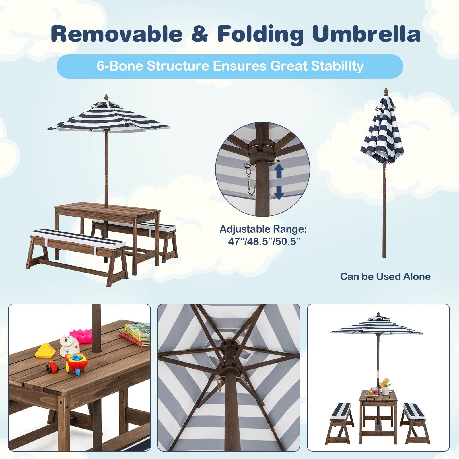 Kids Backyard Retreat: Table & Bench Set with Umbrella & Cushions - Exploring Nature