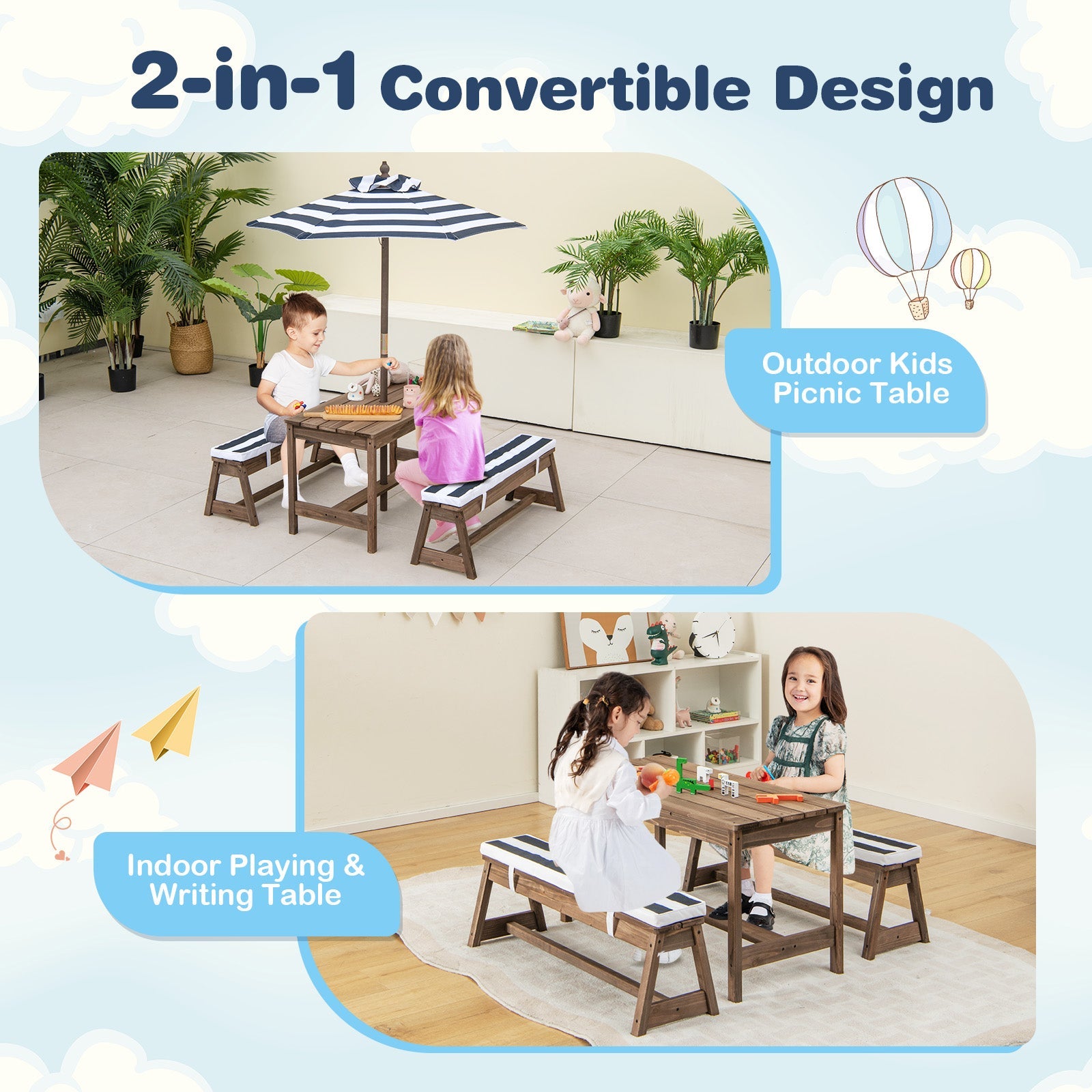Kids Picnic Delight: Table & Bench Set with Umbrella & Cushions - Joyful Moments