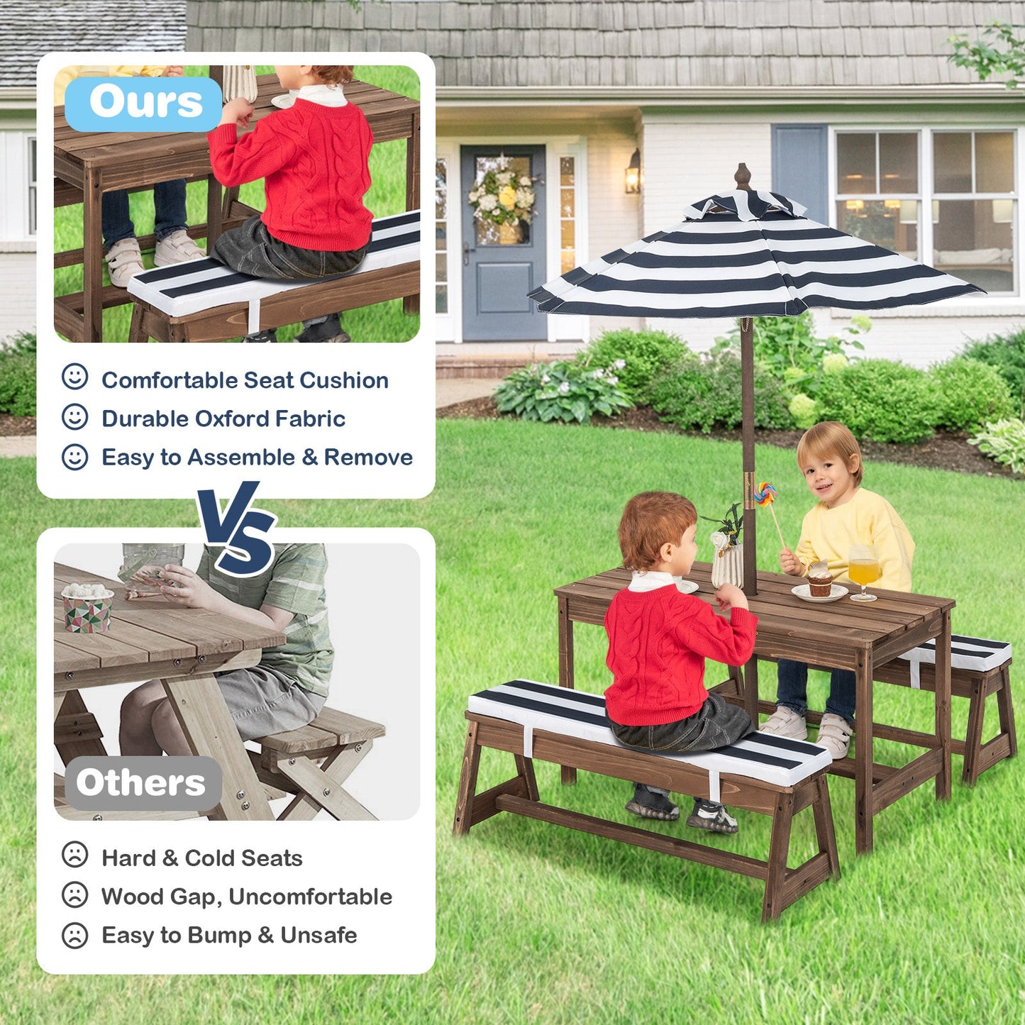 Children's Backyard Paradise: Table, Bench, Umbrella & Cushions - Outdoor Joy Children's Backyard Paradise: Table, Bench, Umbrella & Cushions - Outdoor Joy