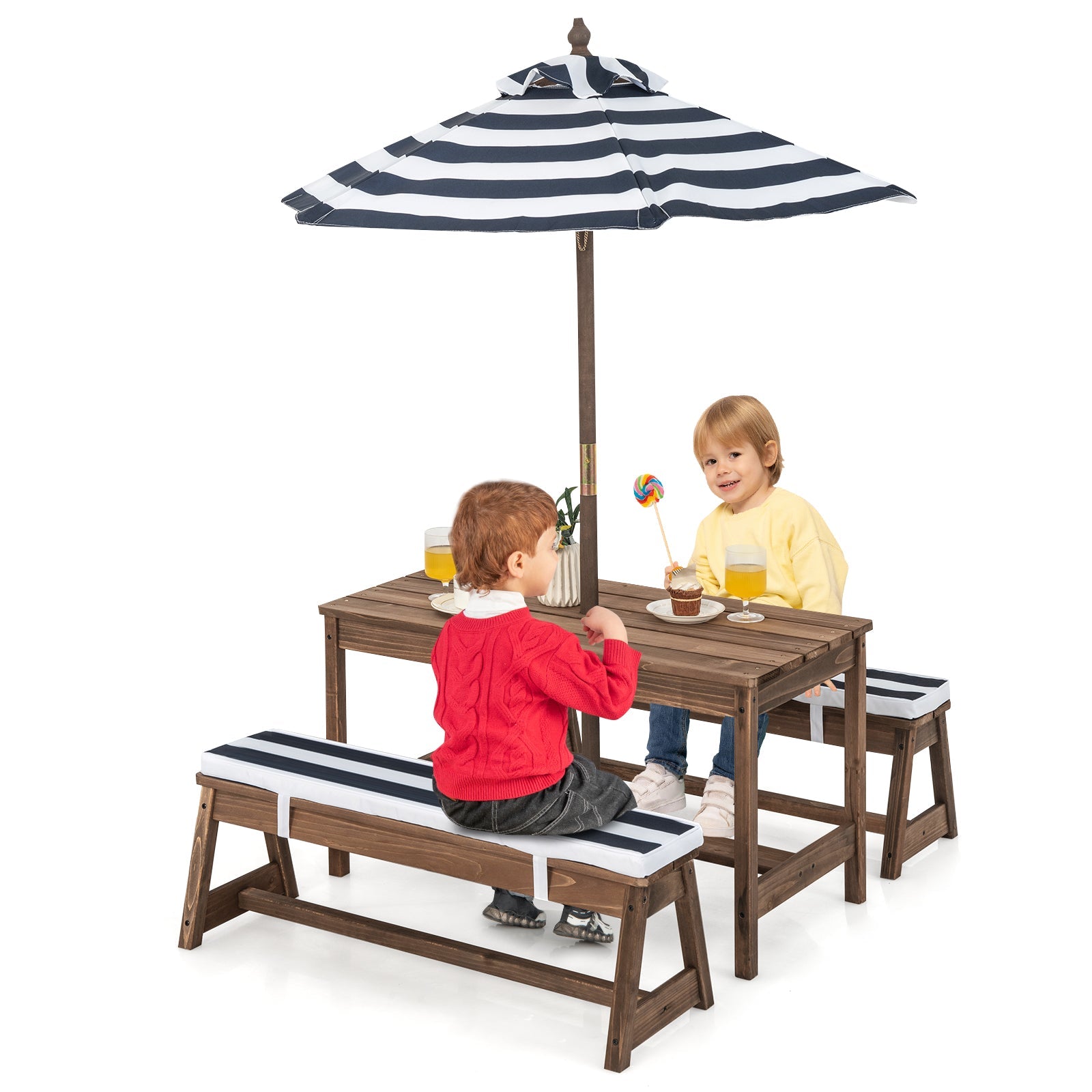 Children's Playful Patio: Table, Bench, Umbrella & Cushions - Happy Times