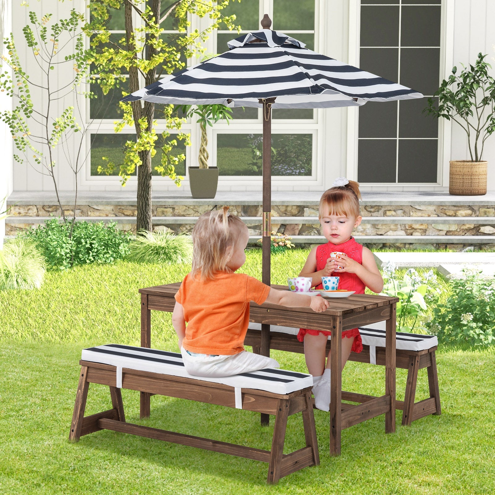 Children's Outdoor Adventure: Table, Bench, Umbrella & Cushions - Endless Fun