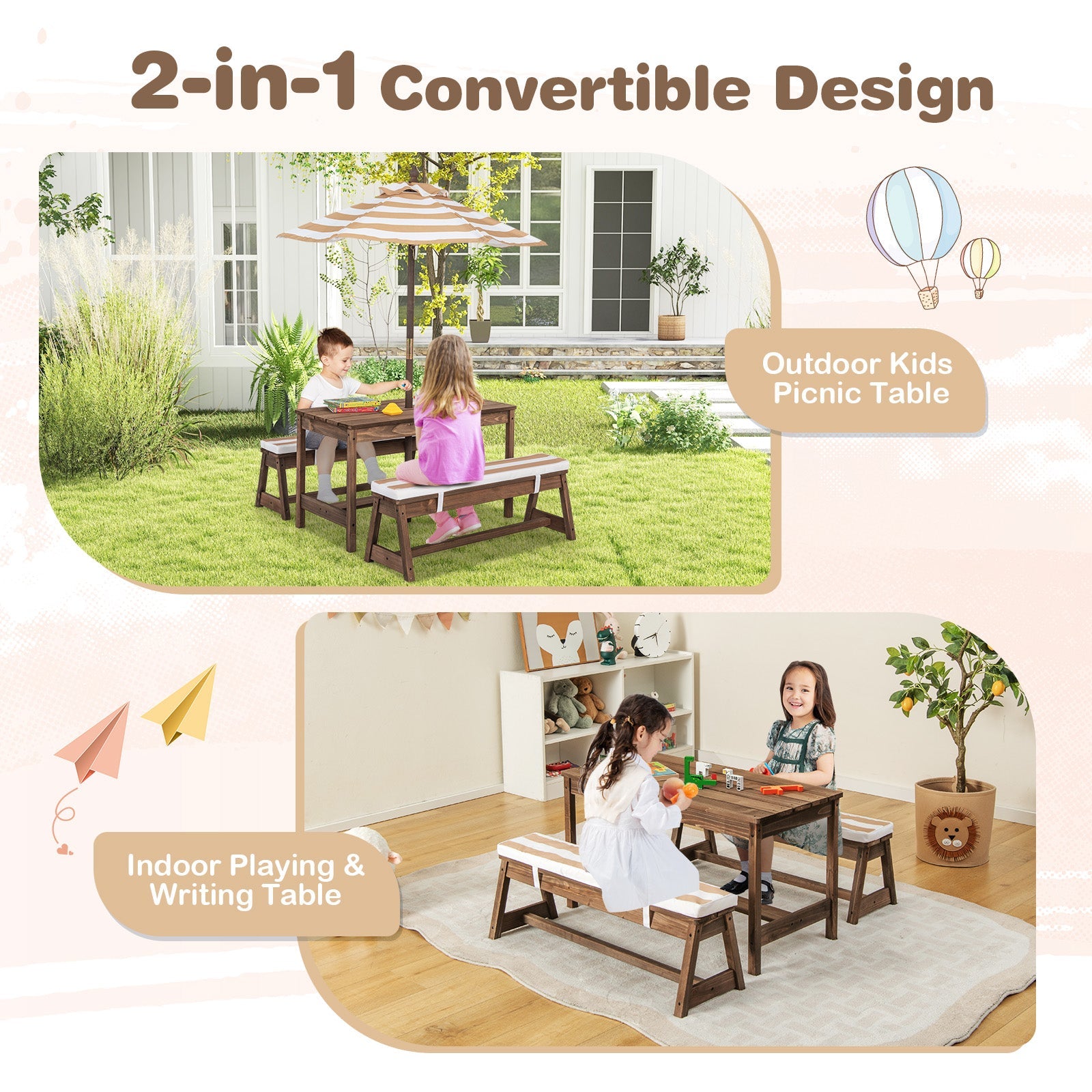 Children's Patio Dining: Table & Bench Set with Umbrella & Cushions - Smiles Guaranteed