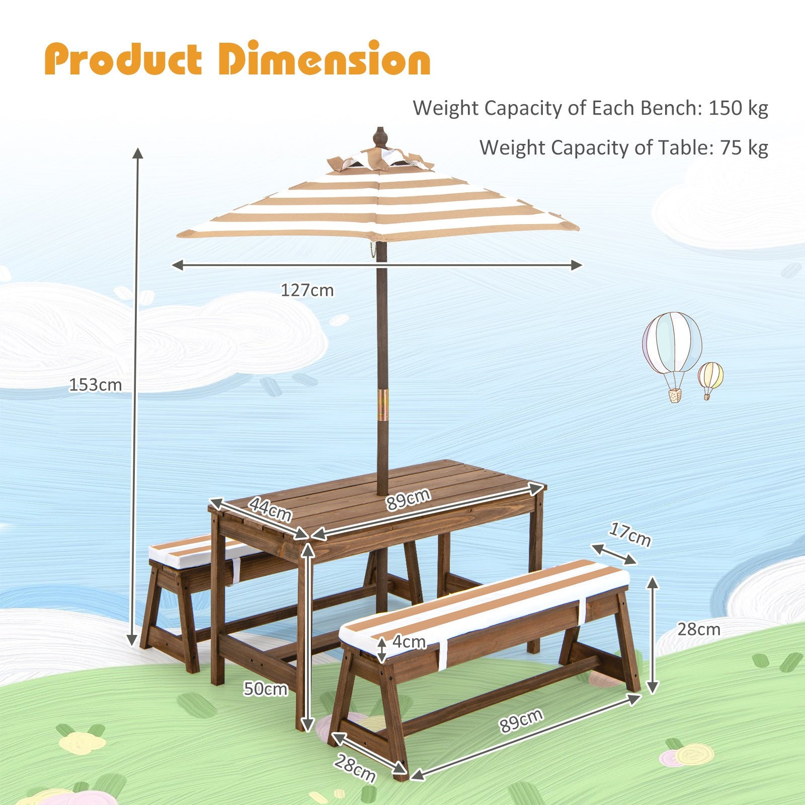 Children's Play Table: Bench Set with Umbrella & Cushions - Comfortable Fun