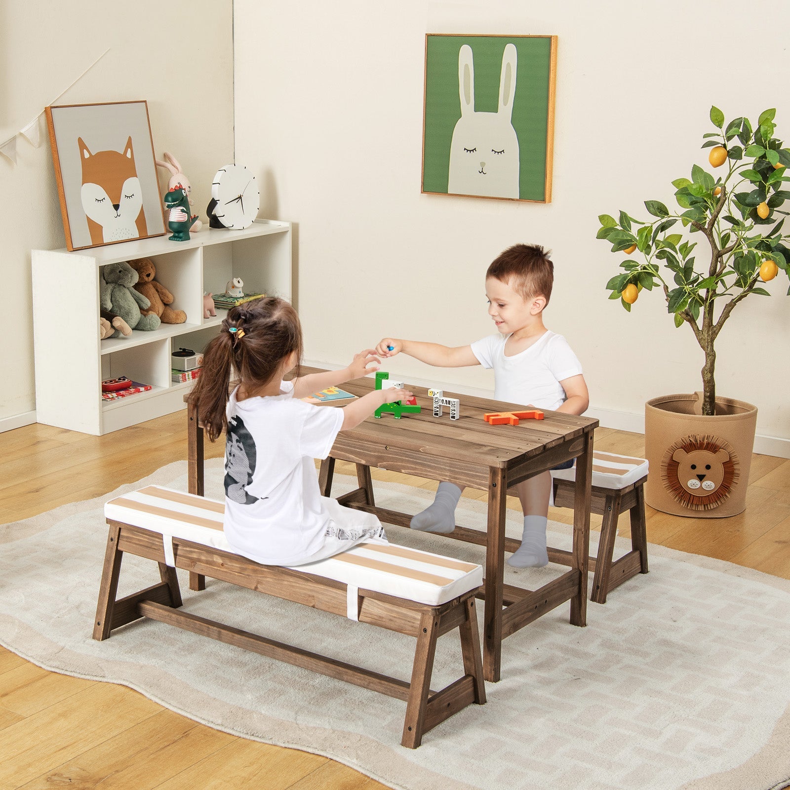 Children's Garden Activity Set: Table, Bench, Umbrella & Cushions - Happy Playtime