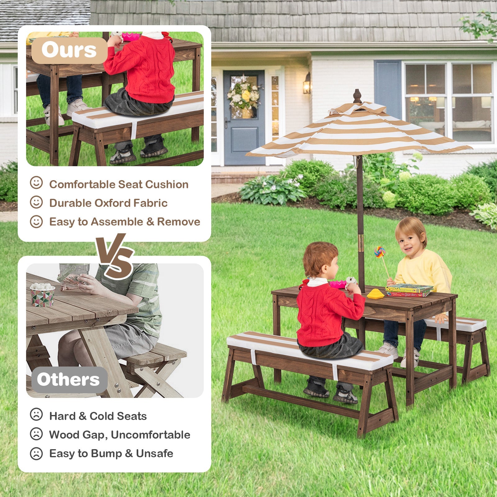 Kids Picnic Experience: Table, Bench, Umbrella & Cushions - Wholesome Play