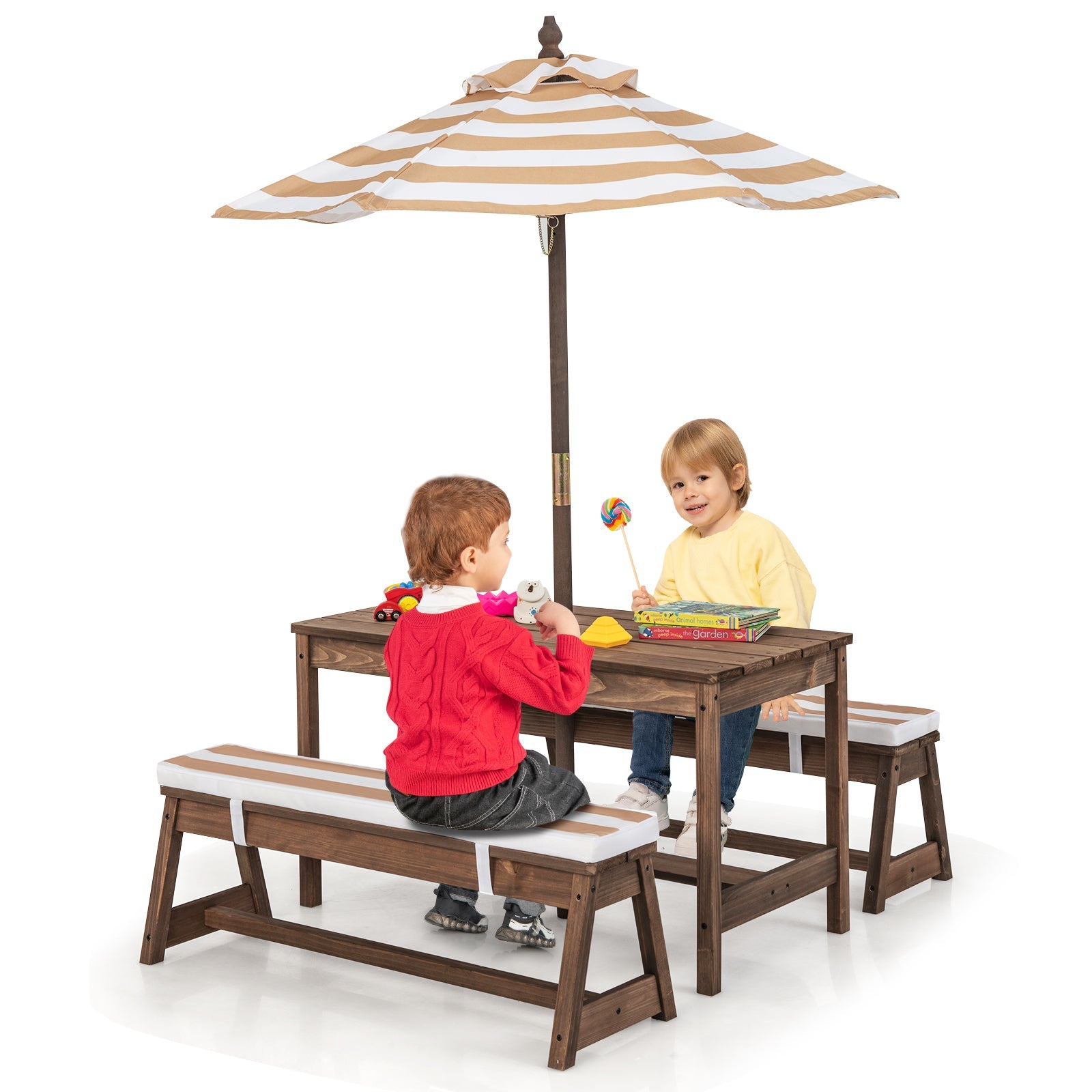 Kids Backyard Adventure Set: Table, Bench, Umbrella & Cushions - Boundless Fun