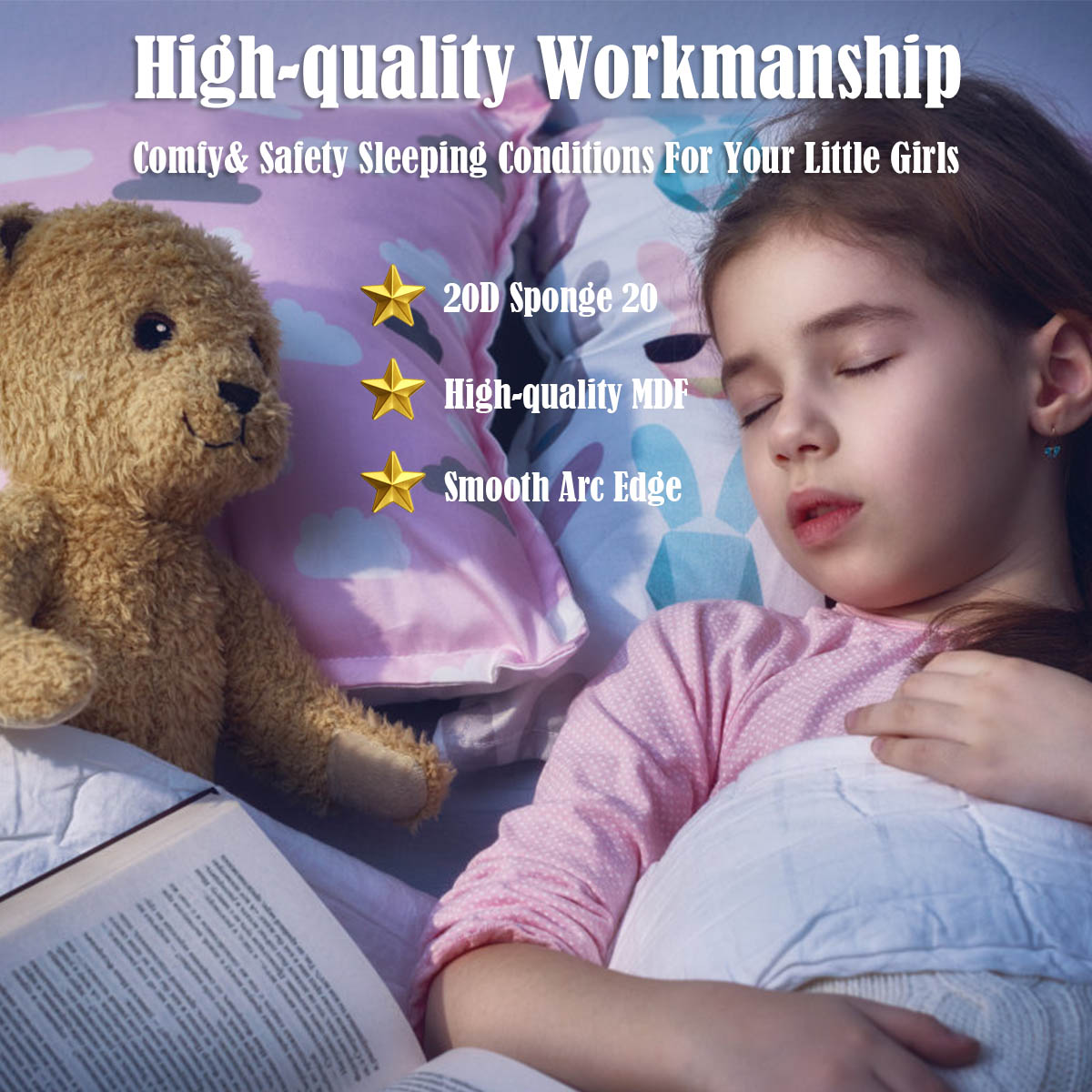 Kids Upholstered Bed - Toddler Platform with Playful Girl Pattern Kids Upholstered Bed - Toddler Platform with Playful Girl Pattern