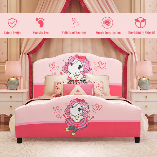Children's Upholstered Toddler Bed - Whimsical Girl Pattern and Comfort