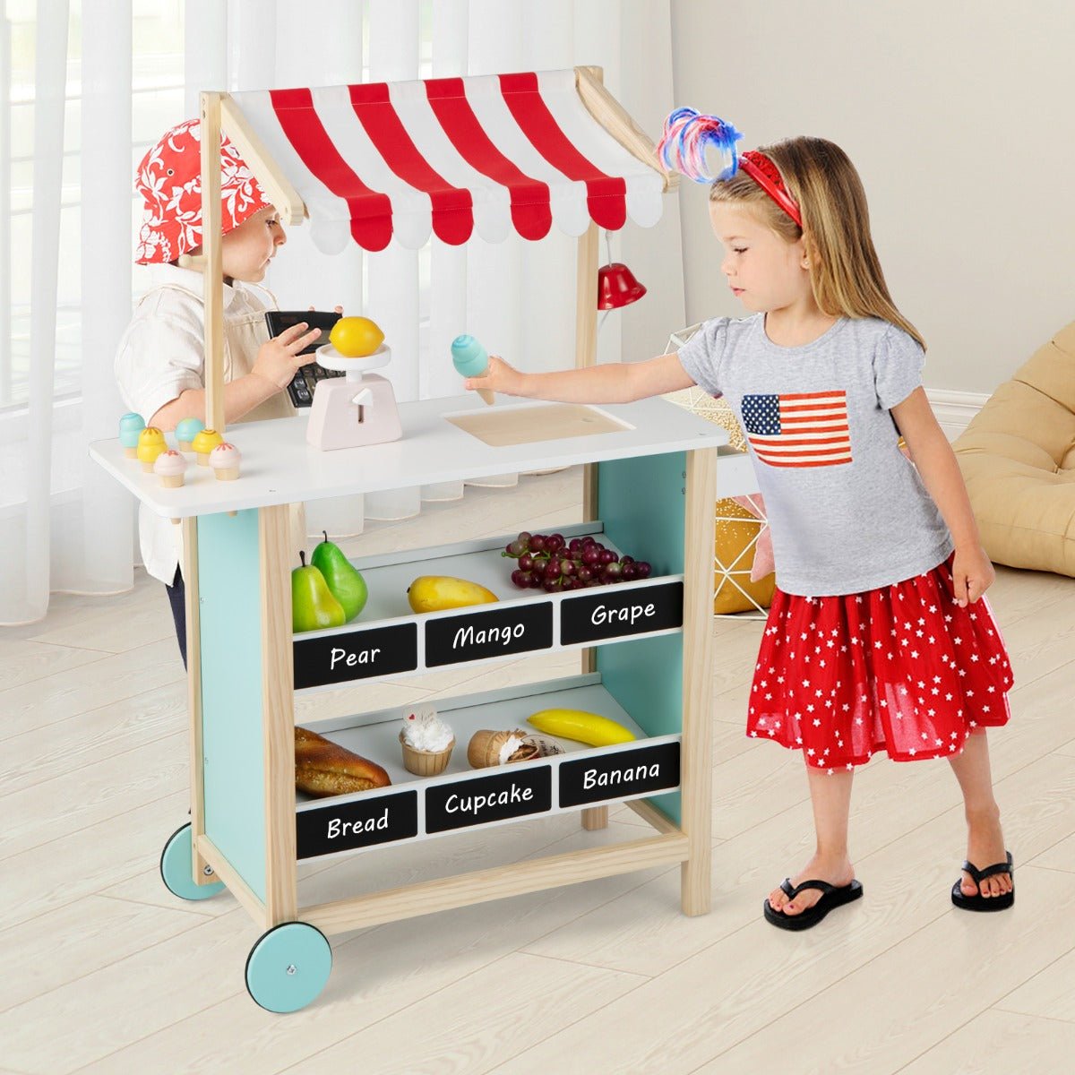 Imaginary Ice Cream Shop: Kids Wooden Ice Cream Cart with Chalkboard & Storage