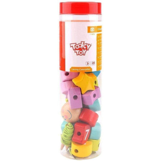 Colorful lacing caterpillar toy for kids, promoting motor skills and creativity at home.