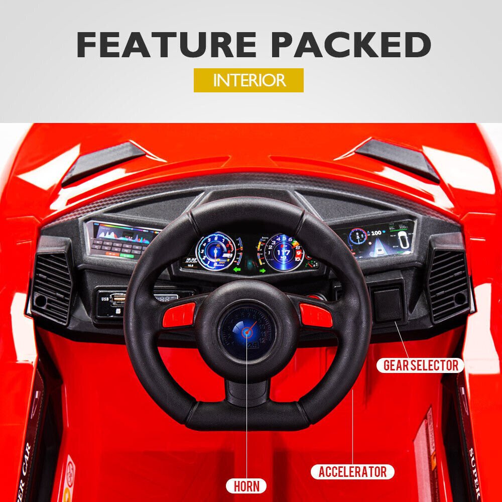 Red Lamborghini-inspired ride-on car for kids, perfect for exciting indoor play at home.