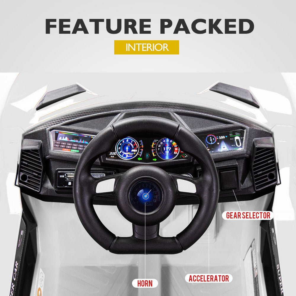 White Lamborghini-inspired ride-on car for kids, perfect for imaginative play at home.