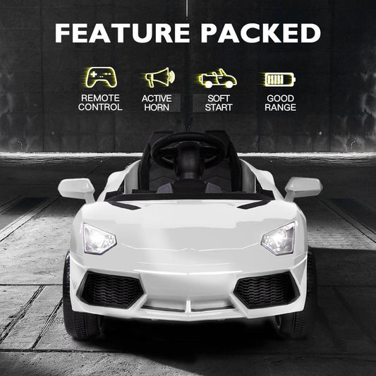 White Lamborghini-inspired ride-on car for kids, perfect for indoor and outdoor play.