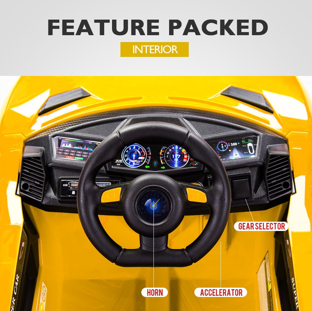 Kids yellow Lamborghini ride-on car, sleek design for thrilling at-home play adventures.