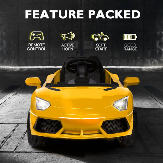 Yellow ride-on car for kids, inspired by Lamborghini design, ideal for home playtime.