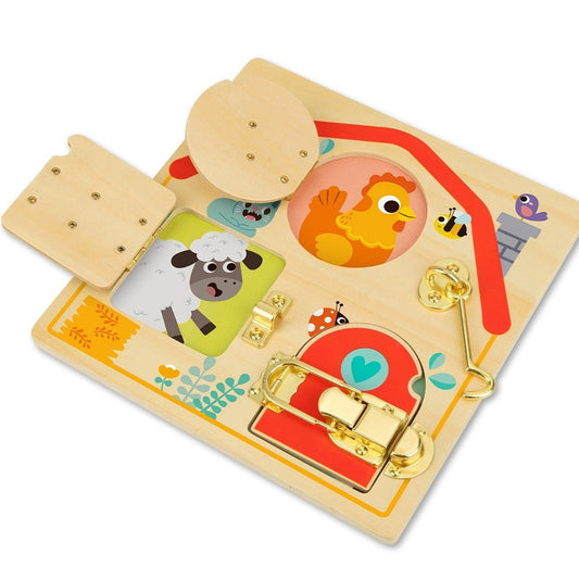 Wooden puzzle board with latches for fine motor skills development, ideal for kids at home.