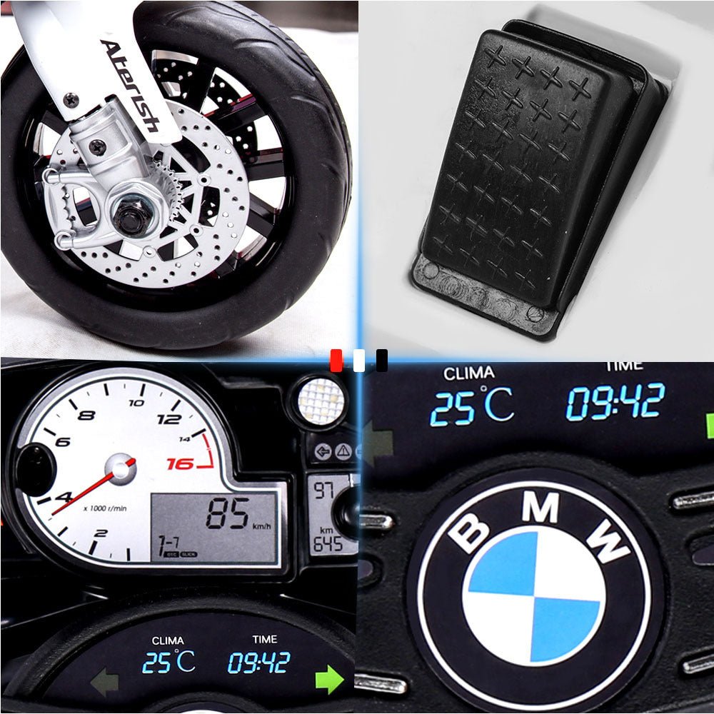 Red licensed BMW S1000RR ride on motorbike for kids playtime at home.