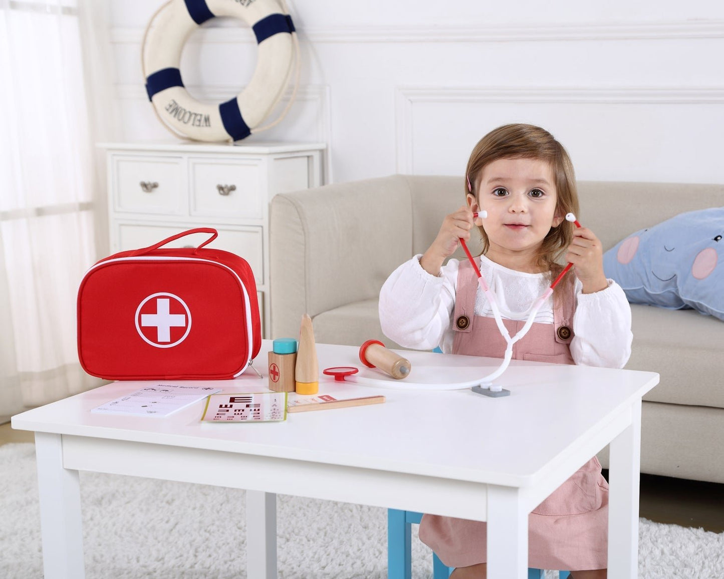 Mini doctor kit for kids role-playing, includes stethoscope, thermometer and medical tools.