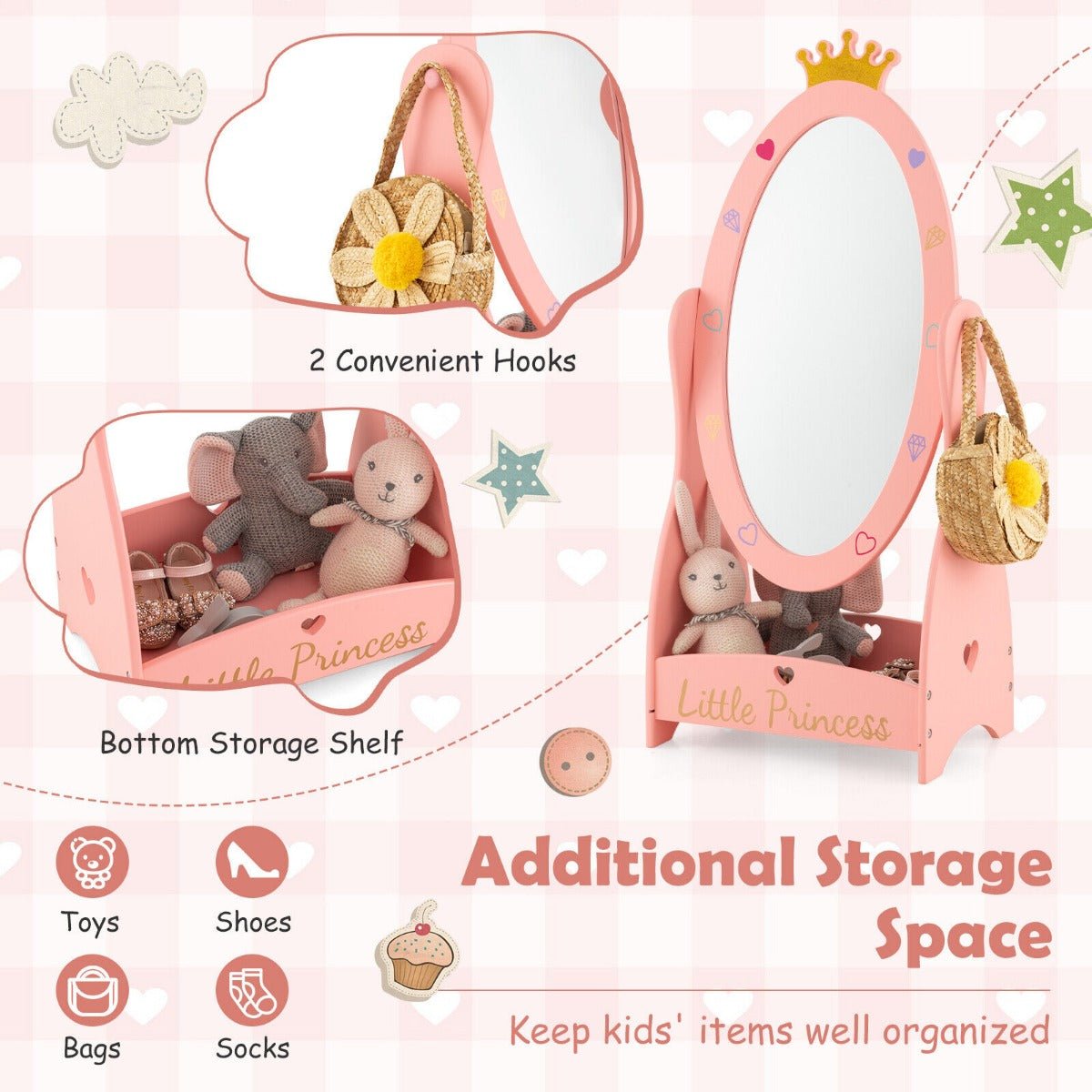 Kids Dressing Mirror with Storage Shelf - Pink