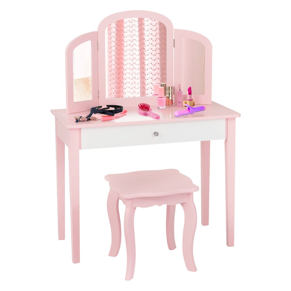 Kids Makeup Table Set with Tri-Folding Mirror - Bedroom Beauty in Pink