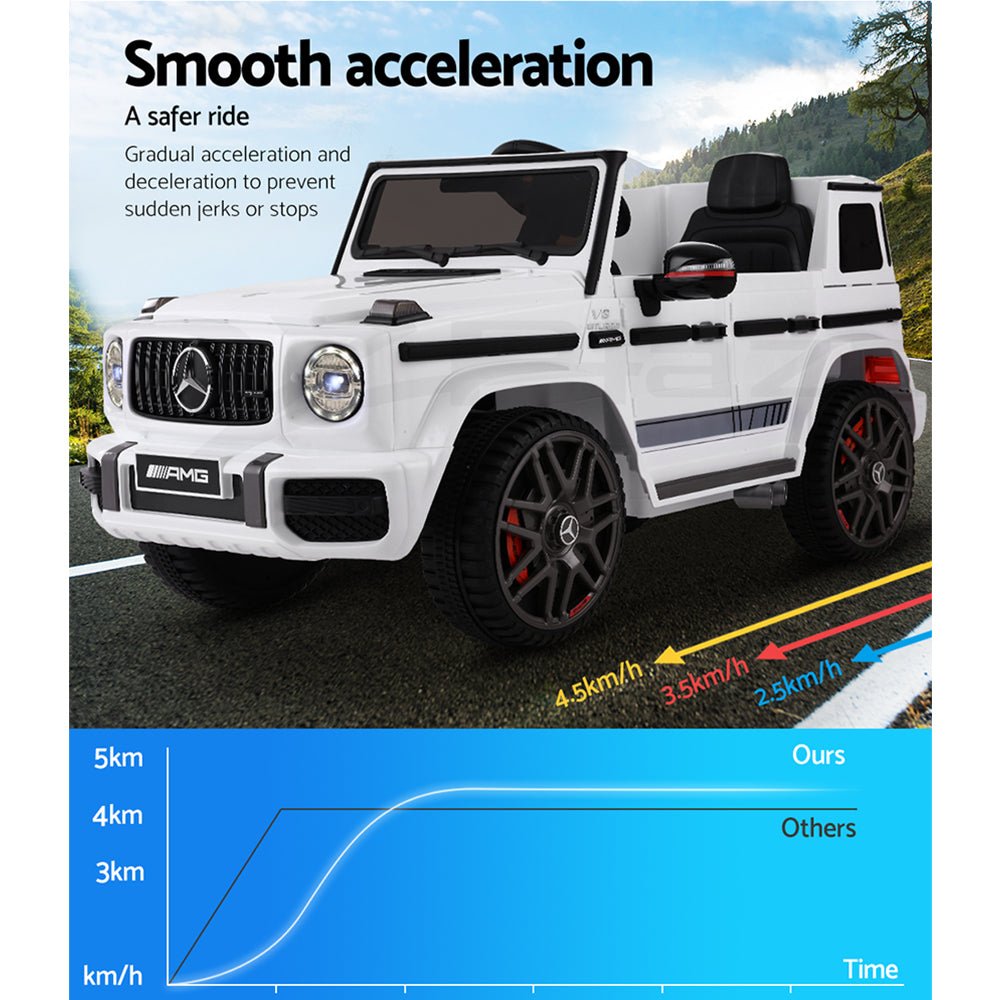 White Mercedes Benz Licensed AMG G63 12V Kids Ride On Car for home play. White Mercedes Benz Licensed AMG G63 12V Kids Ride On Car for home play.