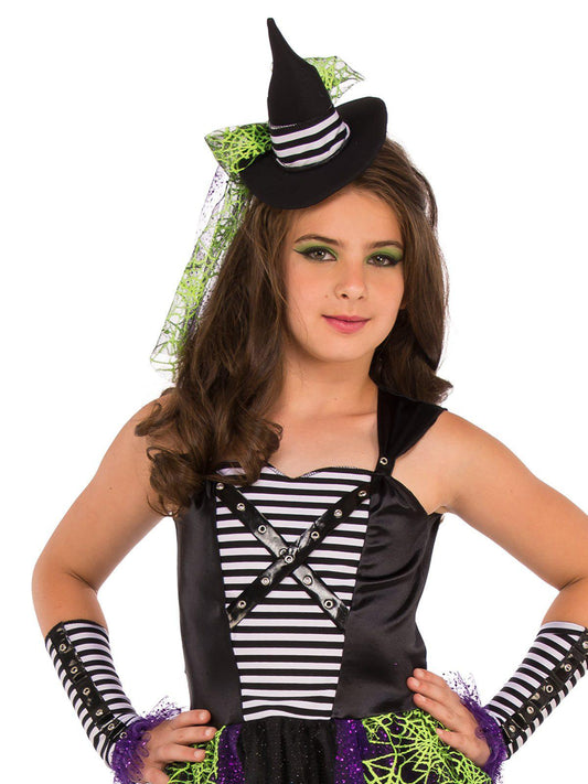 Teen midnight witch Halloween costume with hat and gauntlets for spooky dress-up fun.